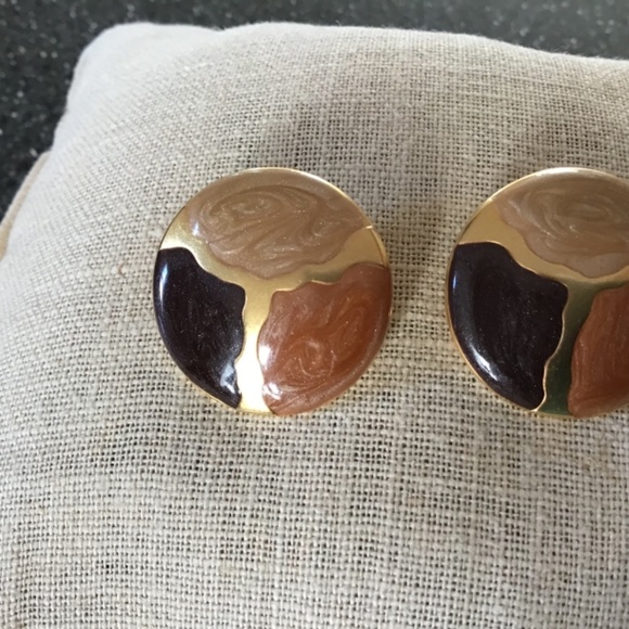 Vintage 80’s Earthy & Gold Tone Pierced Earrings Round Lightweight - Picture 11 of 16